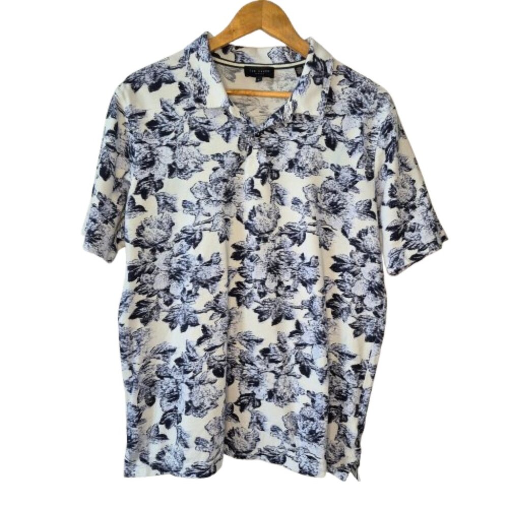 Ted Baker London White Polo Shirt with Navy Floral Print